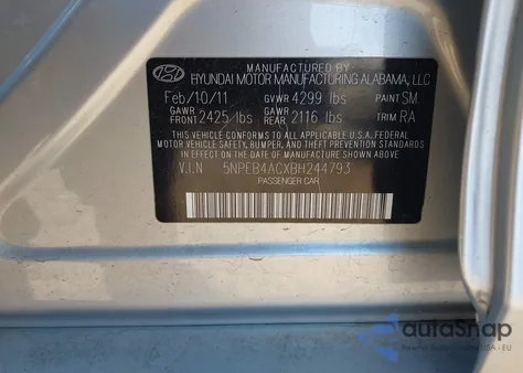 2011 Hyundai Sonata Gls z USA, uszkodzony, nr VIN 5NPEB4ACXBH244793